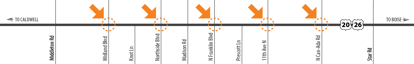 Map image of half or full CFI changes at Midland Boulevard, Northside Boulevard, North Franklin Boulevard, 11th Avenue North, and North Can-Ada Road.