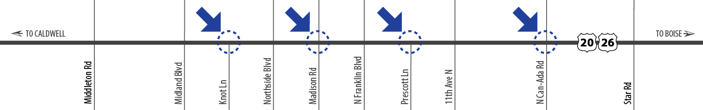 Map image of half or full CFI changes at Midland Boulevard, Northside Boulevard, North Franklin Boulevard, 11th Avenue North, and North Can-Ada Road.