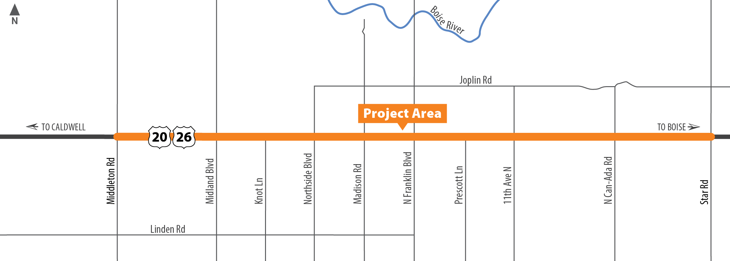 Middleton Road to Star Road Project Area Map showing construction routes between Middleton road and Star road.